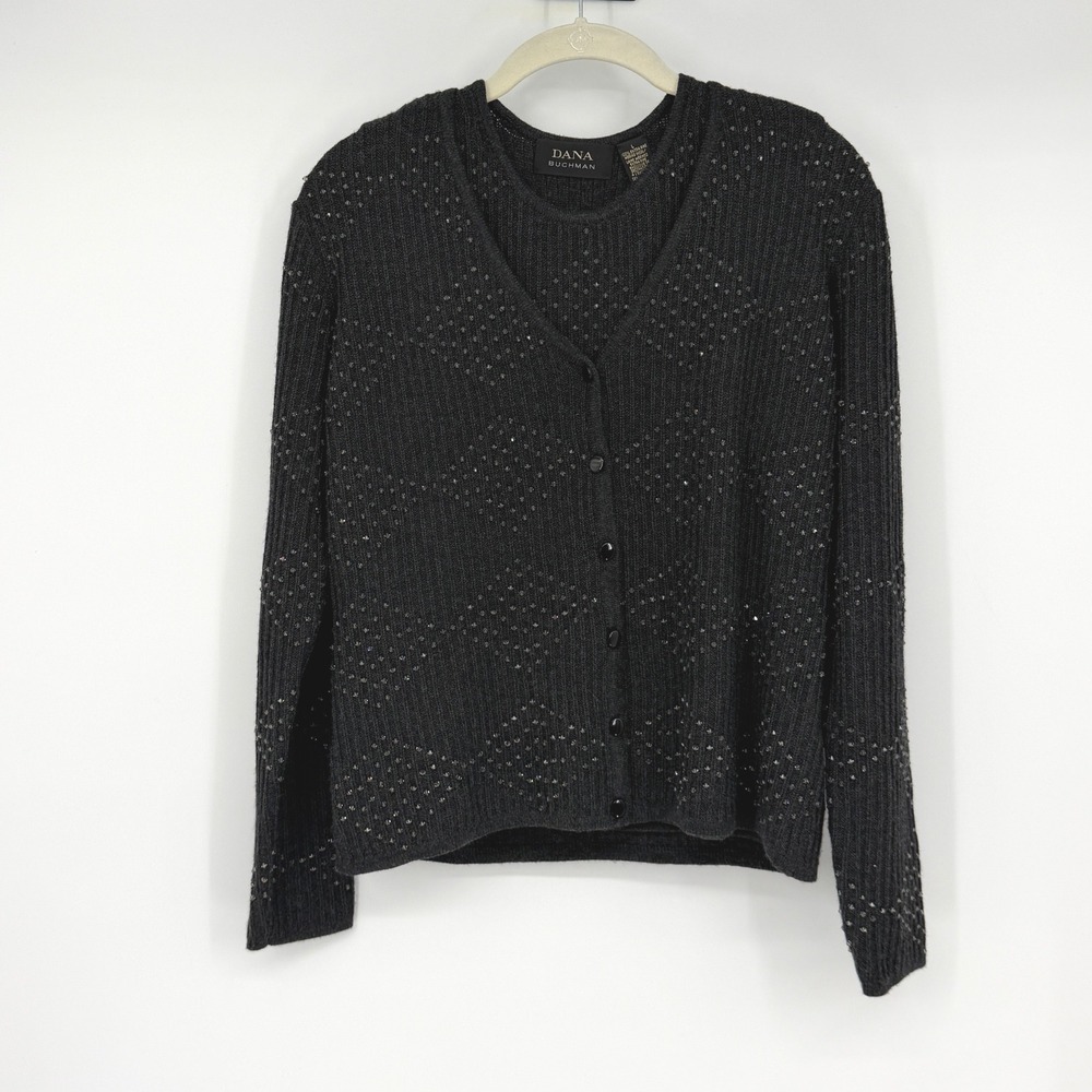 Vintage Dana Buchman Merino Wool Beaded Cardigan Shell Twinset M L Black